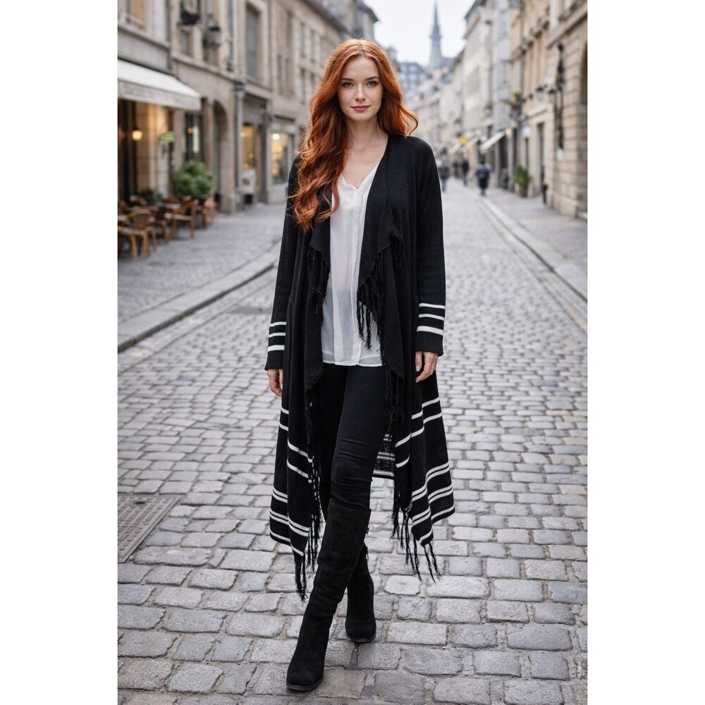 CW CLASSICS 4X Waterfall Duster Cardigan Sweater Black Fringe Open Front Long